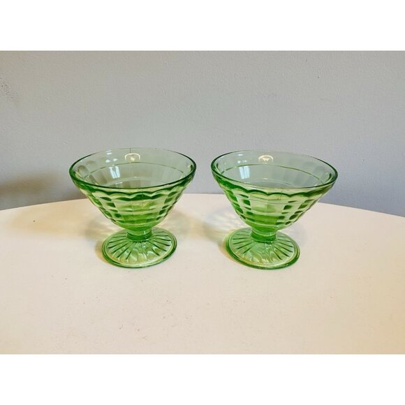 Anchor Hocking Block Optic Sherbet Dish x 2 Uranium Glass Vaseline Dish - Picture 9 of 10
